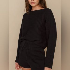 Reformation Cort Short Black Ribbed Boatneck Sweater